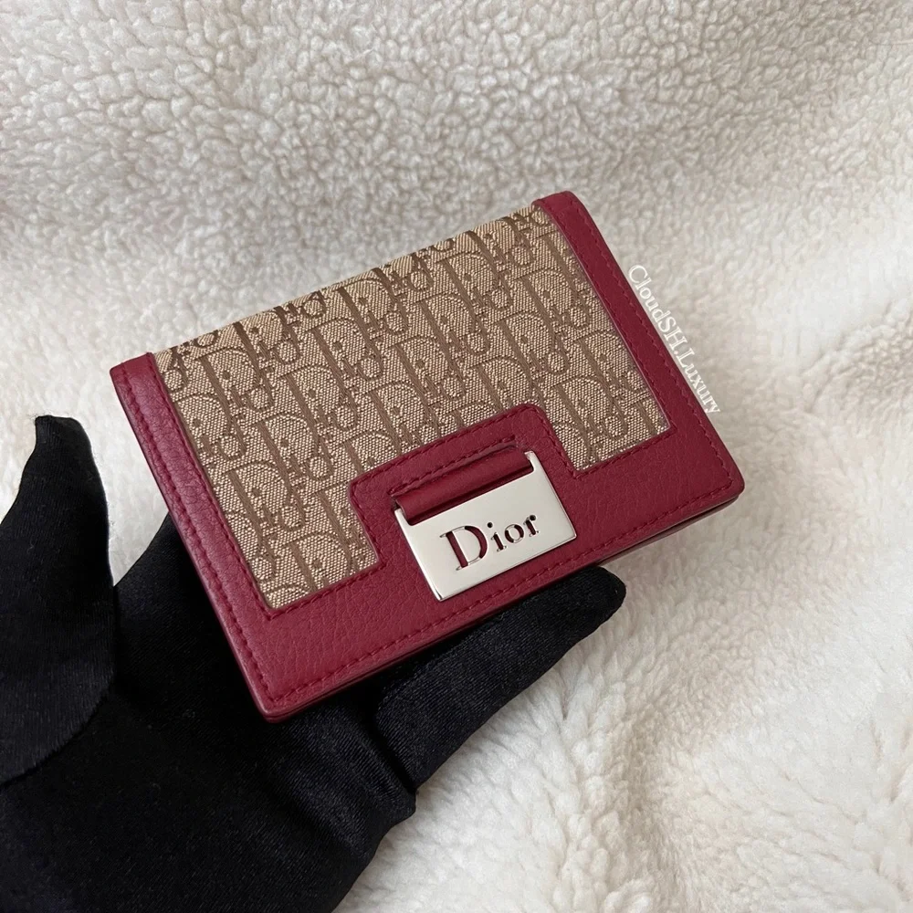 Auth Vintage Dior Oblique Logo Maroon Bi-Fold Card Case - Excellent Condition